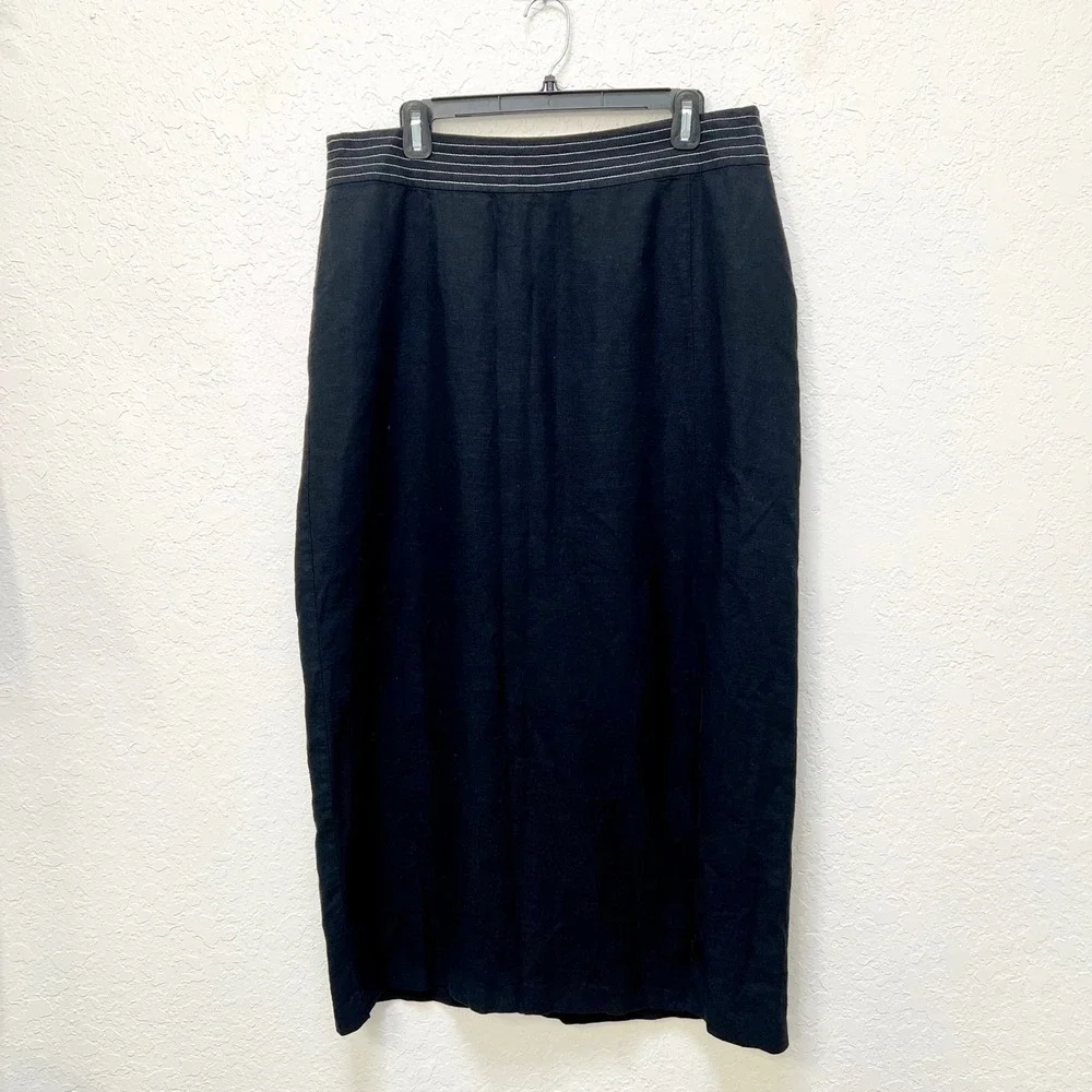 Linen Blend Black Midi Skirt Contrast Stitch Waistband Classic Preppy Minimalist